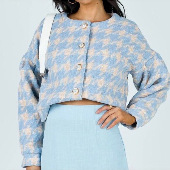 Princess Polly Jackets & Blazers - Princess Polly Blue Beige Houndstooth Biana Wool Crop Jacket Size X-Small/Small